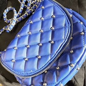 Blue Studded Crossbag Purse with half Zipper Flap